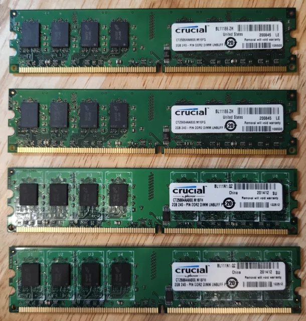 4 x Crucial 2gb 240-pin DDR2 DIMM Unbuffered CT25664AA800 RAM (8gb Total)