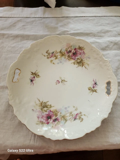 ANTIQUE KOENIGSZELT SILESIA Lavender/Pink Roses Cabinet Cake Plate Germany 10"