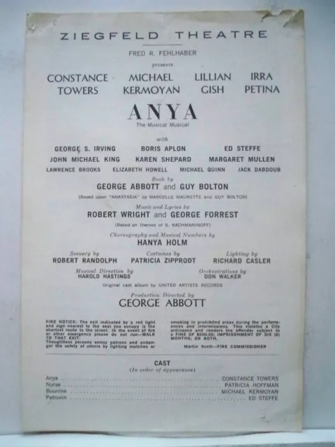 ANYA Playbill CONSTANCE TOWERS / LILLIAN GISH / MICHAEL KERMOYAN Flop NYC 1965