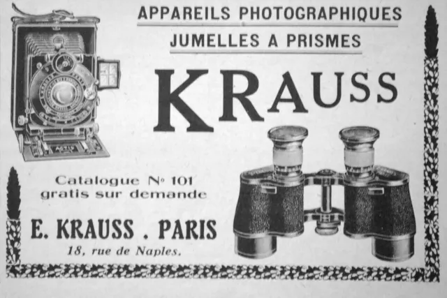 Publicité De Presse 1921 Krauss Appareils Photographiques Et Jumelles A Prismes