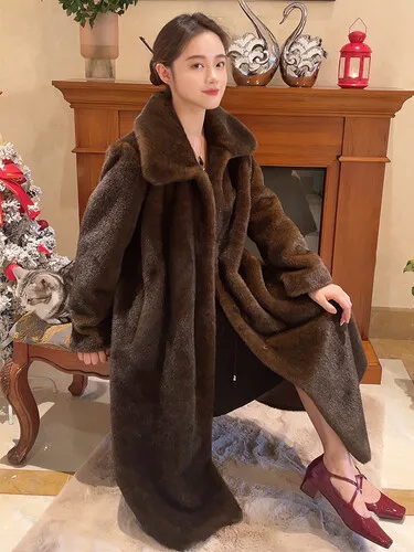 Brown Mink Fur Long Coat Women's Fur Lapel Collar Retro Trench Outwear Parka