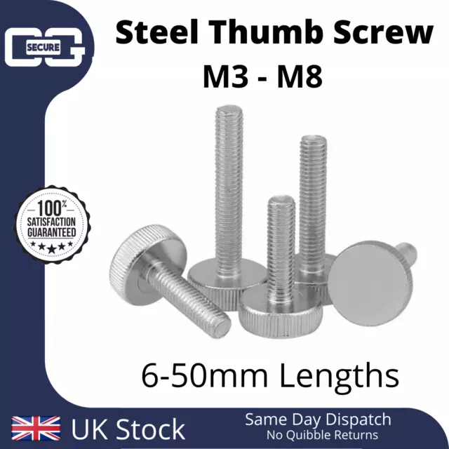 Steel Knurled Flat Head Thumb Screw M3 M4 M5 M6 M8 6mm to 50mm - Nickel Plated