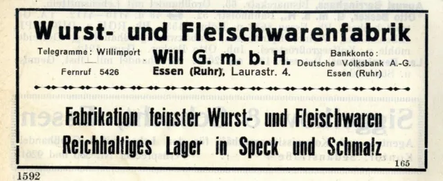 Wurst- und Fleischwarenfabrik Will Essen Ruhr Historische Reklame 1925