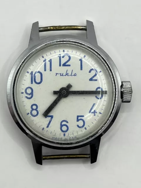 Vintage Ruhla Made In GDR Silver Tone Watch Face Untested For Parts 30.8mm
