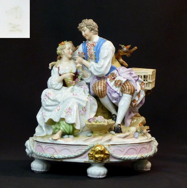 C 19èm groupe porcelaine saxe sculpture 24cm1.6Kg galants oiseaux Meissen