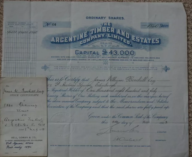 Argentine Timber & Estates Co. Ltd share cert. no 64 dated 1915, blue.