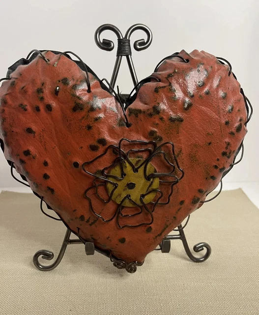 Double Red Heart Upcycled Antique Metal Ceiling / Decorative Wiring with Easel
