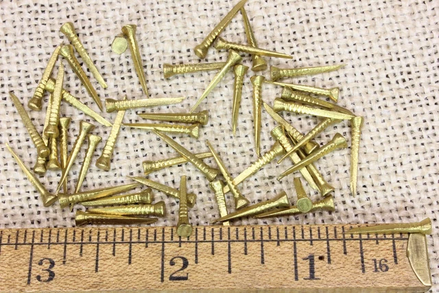 5/8” Old Brass Nails 50 Square Shoe Tacks Round Head Escutcheon Pins Vintage