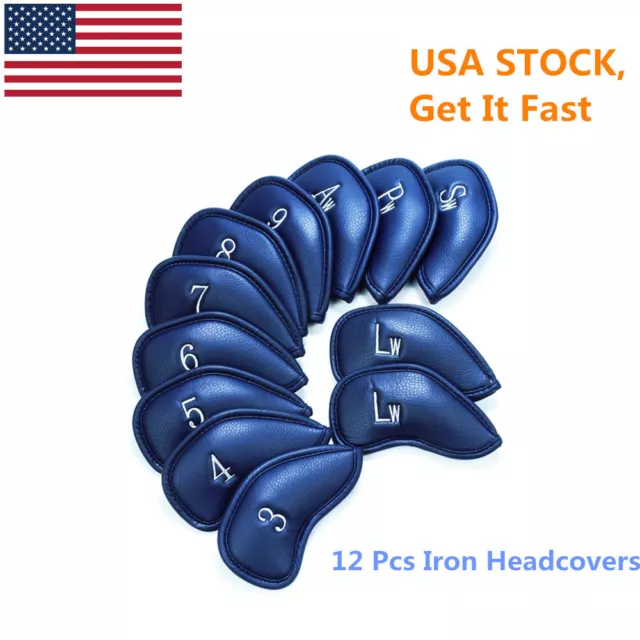 Golf Club Head Covers Iron Headcovers 12Pcs 3-SW Pu Leather Color Blue US Stock