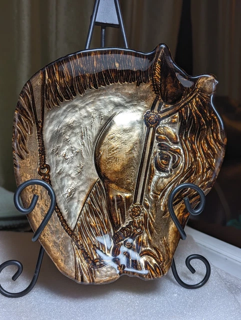 Reverse Painted Art Glass Horse Dish Beautiful Collectible made Turkey 9" X 8"