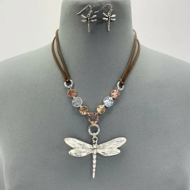 Brown Suede Hammered Charms Dragonfly Pendant Silver Tone Necklace & Earrings