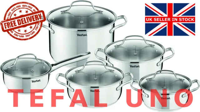 TEFAL UNO STAINLESS STEEL COOKWARE SET 10 PCS GLASS LID POTS KITCHEN induction