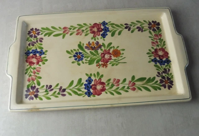 Ancien plat rectangulaire, décor fleurs Rusticana, en céramique de Sarreguemines