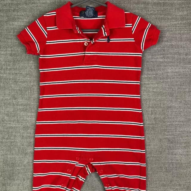 Ralph Lauren Romper Baby Boys 9M Red White Striped Logo Cotton One Piece