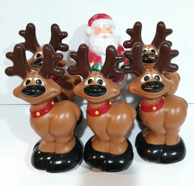 Vintage SANTA CLAUS & 5 RIENDEER Blow Mold Christmas Light Toppers 10"