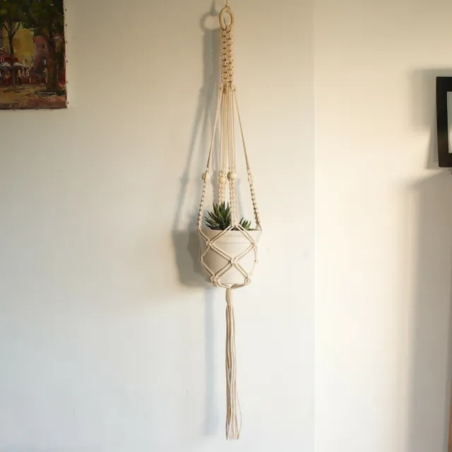Macrame Plant Hanger in Ecru /Cream Cotton Cord with Wooden Beads.  Handcrafted.