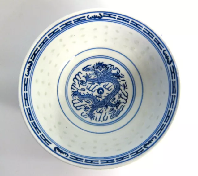 Pair of Chinese Blue and White Dragon Rice Pattern Soup Noodle Ramen Bowl