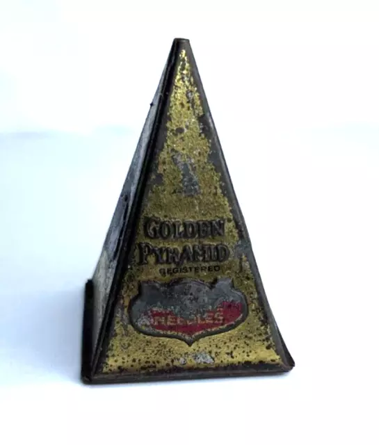 Vintage Golden Pyramid Loud Tone gramophone Needle Tin some Contents 6 cm tall