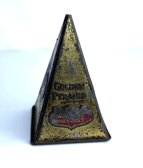 Vintage Golden Pyramid Loud Tone gramophone Needle Tin some Contents 6 cm tall
