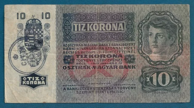 10 Korona 1915. Zehn Kronen, Austria banknotes - CITTA DI FIUME stamp !