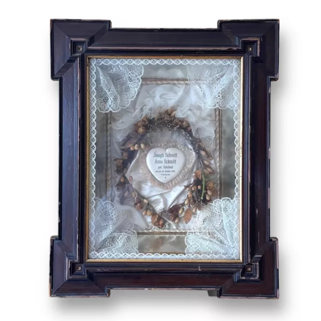 Victorian Antique Framed French Wax Flower Bridal Crown Shadow Box Keepsake