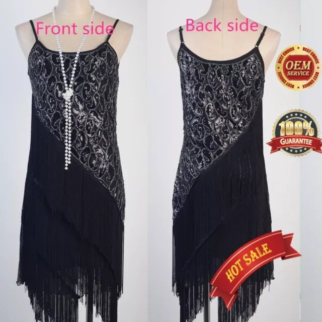 AU 20's Flapper Carneval Party Club Great Gatsby Sequin Tassel Black Gold Dress