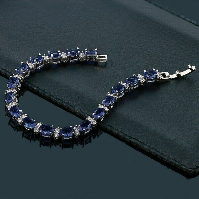 Oval Cut Lab Created Blue Sapphire Women's Tennis Bracelet 14K White Gold Plated