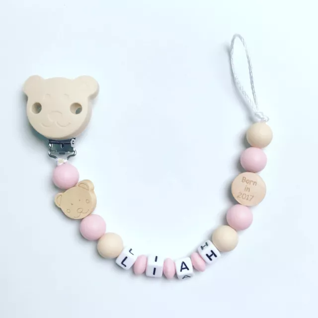 Chaîne de Tétine Sucette Ruban Nuckelkette Beißkette avec Noms Rose Beige Ourson