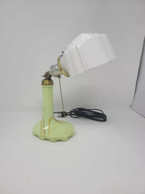 Art Deco Vintage Uranium  Houzex Lamp Akro Agate Glass Green & Brown Swirl Lilt