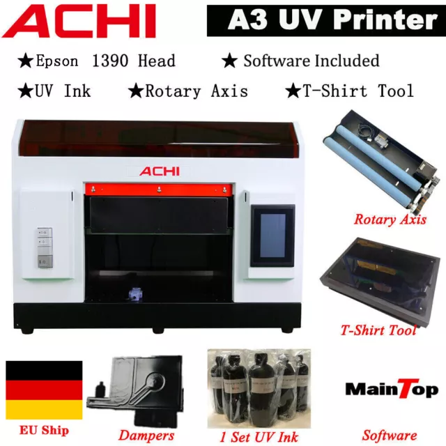 ACHI A3 UV Printer Epson 1390 For Flatbed Cylindrical Glass Metal 3D Embossed EU