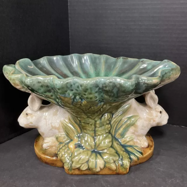 Vintage Majolica Pottery Double Rabbit Pedestal Bowl Centerpiece Green Compote