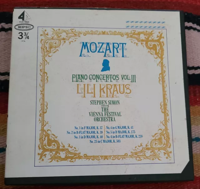 Lili Kraus  Mozart Piano Concertos Vol III  4 Track  3 3/4 IPS  Reel To Reel