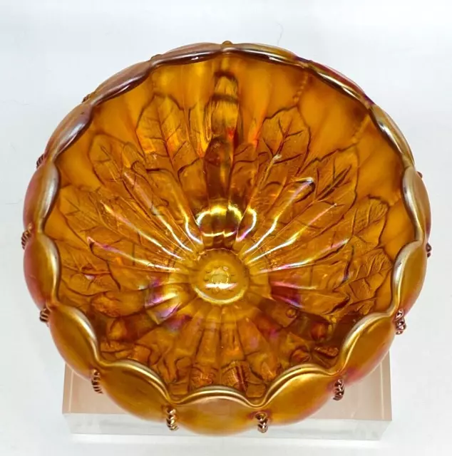 Northwood Marigold Carnival Glass Leaf & Beads Rose Bowl Ray Interior 3