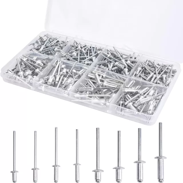 200 Pcs Aluminum Blind Rivets, Pop Rivets Assortment Kit 8 Sizes Silver