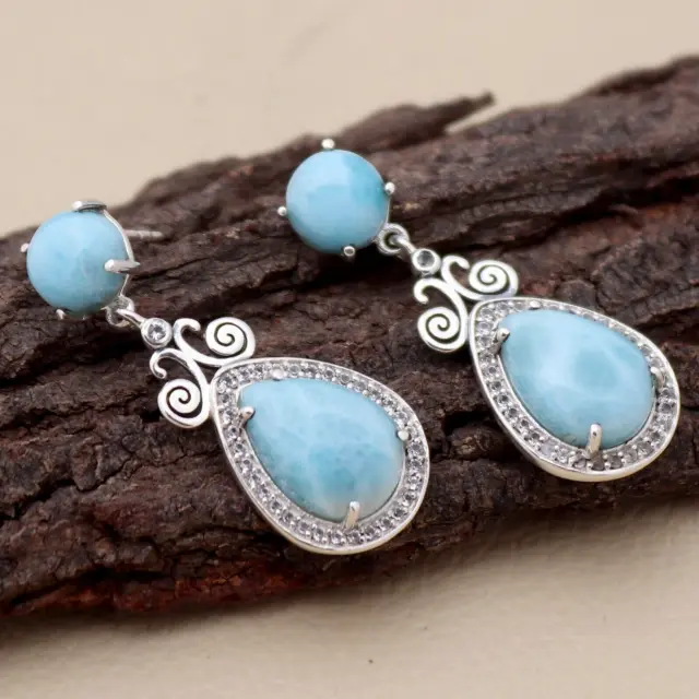 Natural Larimar With Prong Set Sterling Silver Dangle Drop Earring Gift for Her