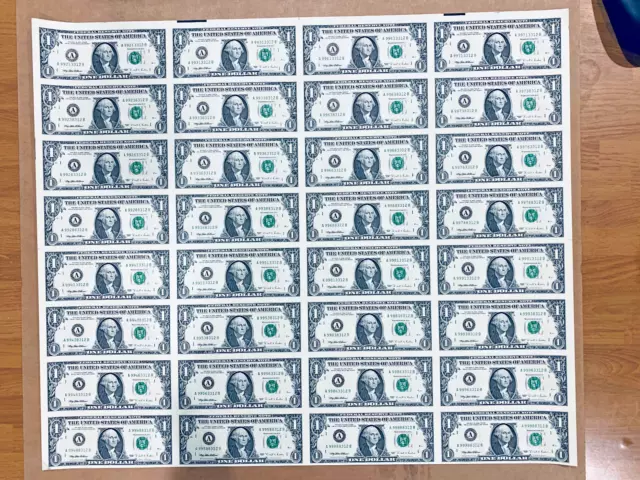 Uncut Sheet of 32 1995 Federal Reserve Notes Boston #2