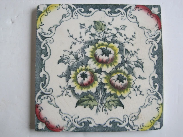 Antique Victorian Transfer Print & Tint Triple Floral Tile - Sherwin & Cotton?