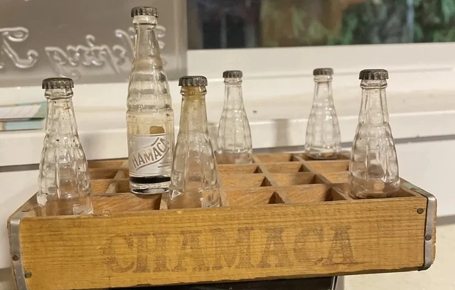 6 Chamaca Mini Soda Bottles W/ Wooded Create / Miniature Bottles