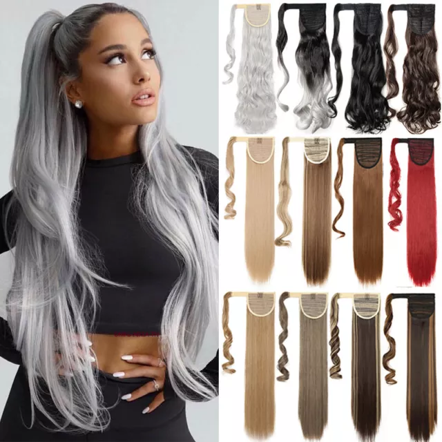 Long Thick Natural Grey Ponytail Clip In Hair Extensions Pony Tail Long As Human