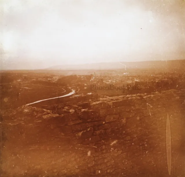 Vue d’une petite ville Guerre 1914-18 Photo Stereo Plaque Verre Vintage V39n1