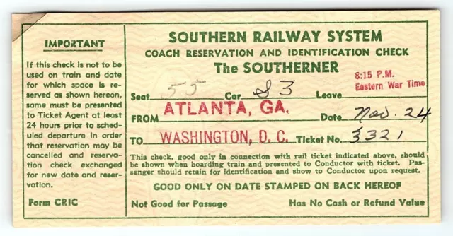 1943 Wwii Southern Railway Ticket Atlanta To Washington Dc W/Envelope  Z1480