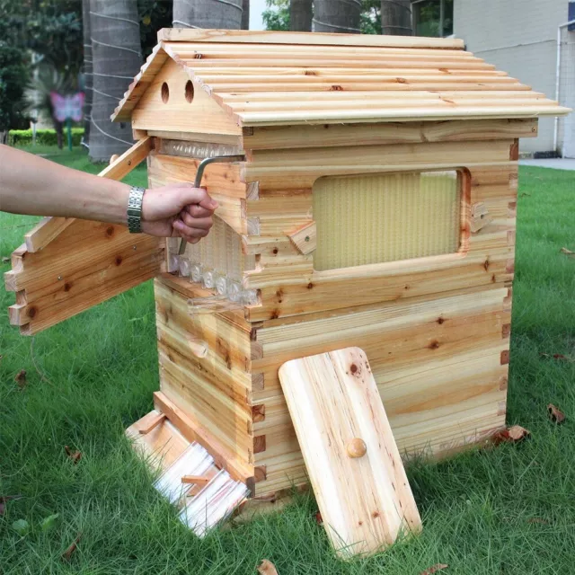 Wooden Beekeeping Beehive House Boxes W/7 Upgraded Auto Flowing Honeycomb Frames 2