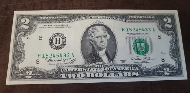 1976 series $2 dollar bill mint error: off center design/seal, great condition!