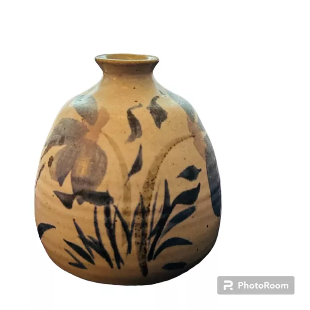 SIGNED Hand Painted Bud Vase Enamel Blue Floral Brown Speckled Vintage Pottery