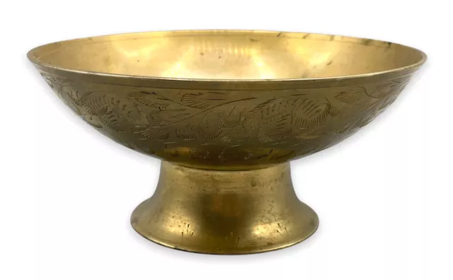 Vintage Brass Pedestal Candy Flower Bowl Made In India Floral Etched Engraved