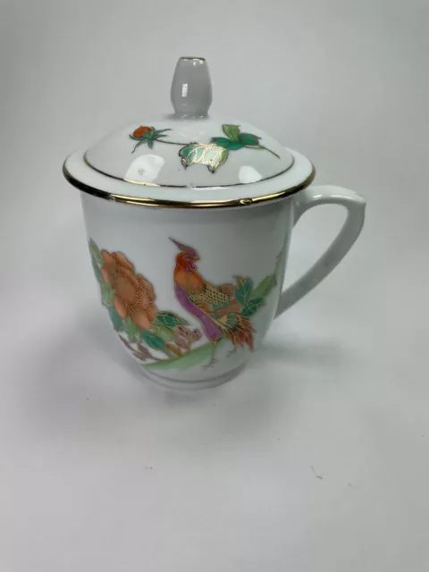 Antique Chinese Jingdezhen Peacock & Peony Mug Floral Lids Gold Rim Rare Cup C35