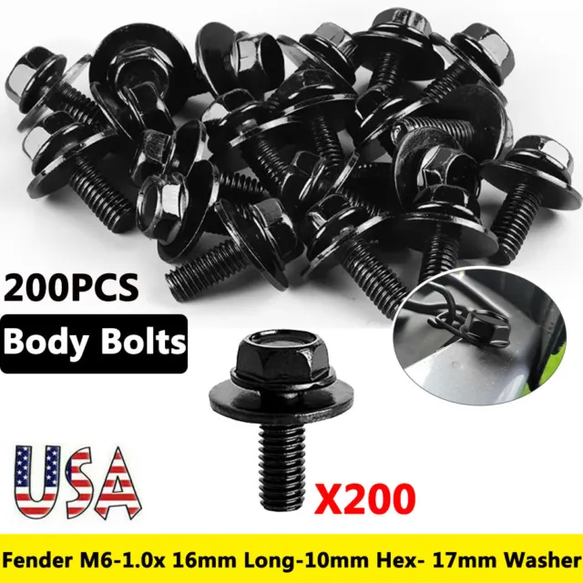 200X Car Body Bolts Screw Fastener Fender M6-1.0x 16mm Long-10mm Hex-17mm Washer