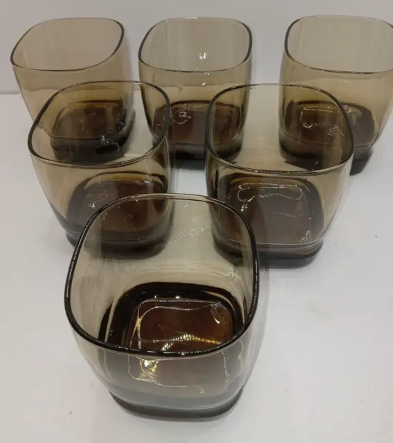 6 piece Vintage Libbey Carrington Smoke Brown Square Rocks Glasses USA Made PIC!