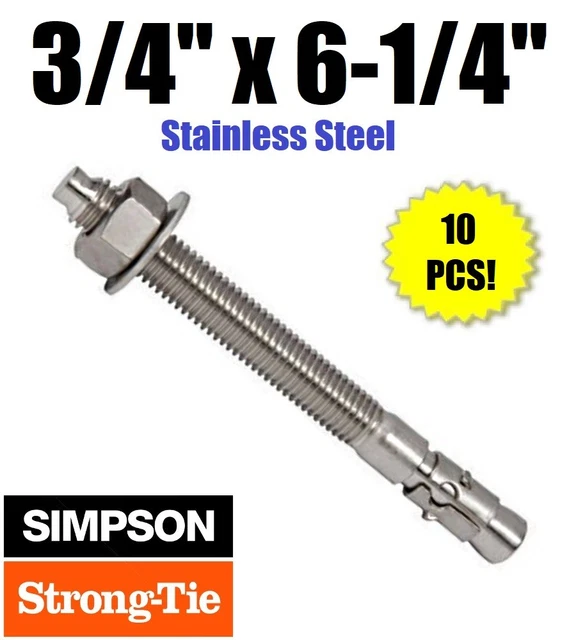 (10) SIMPSON STRONGTIE WA756144SS 304 Stainless Steel Wedge Anchor 3/4