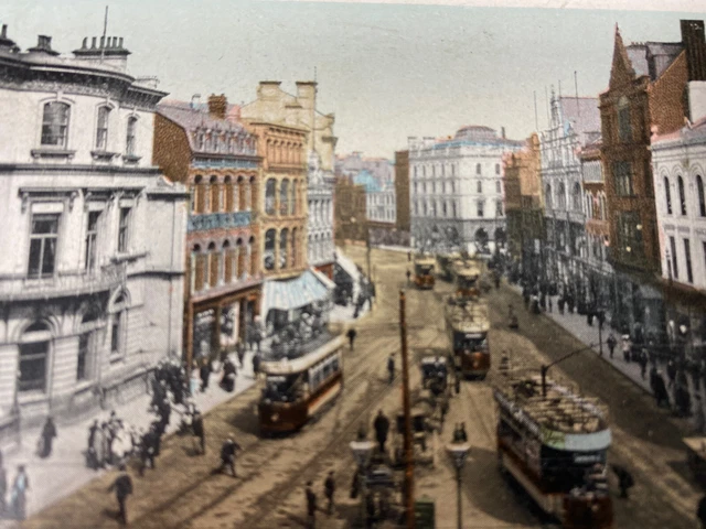 c1910 Castle Place High Street Kleeblatt Rahmen Straßenbahnen Pferdewagen Belfast selten.